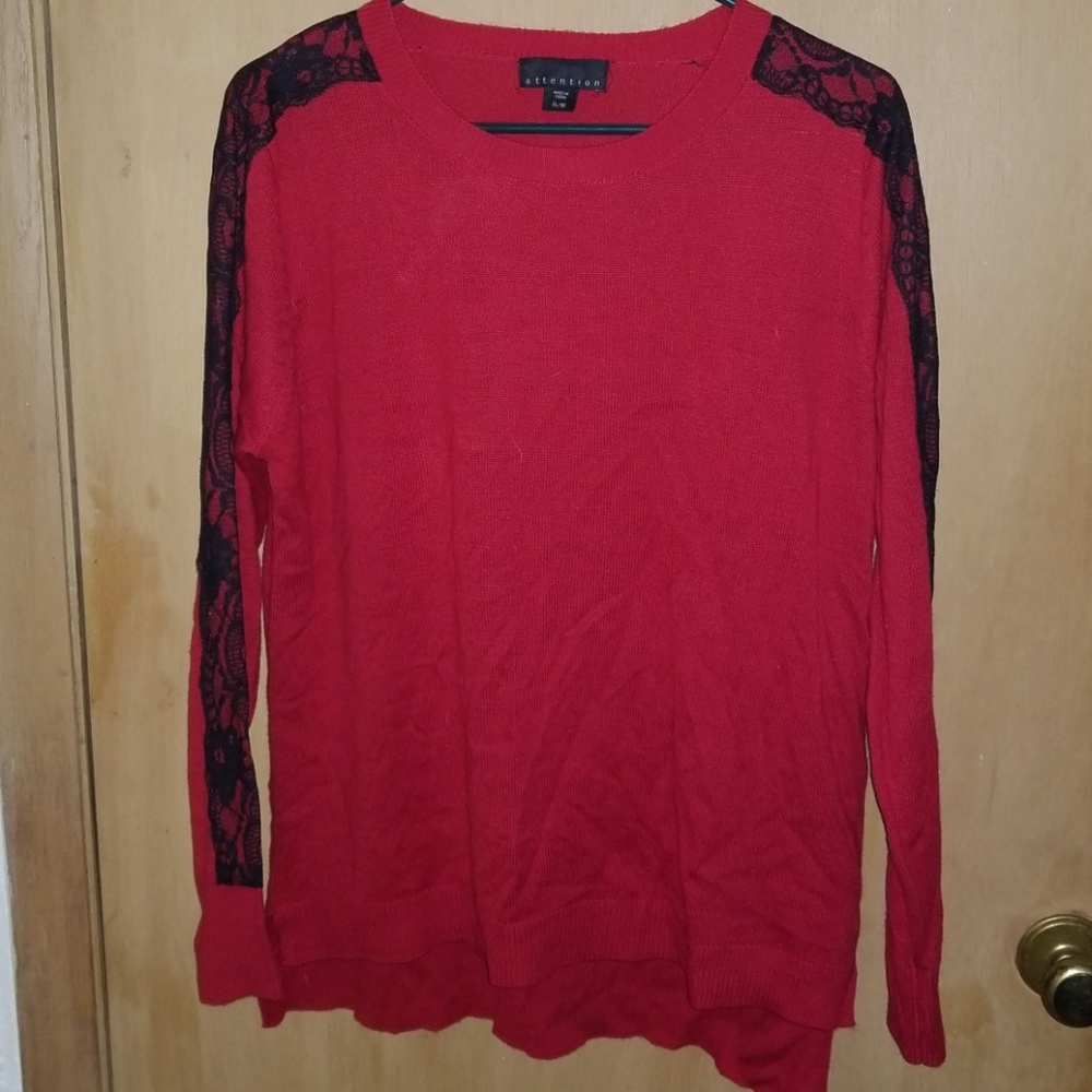 Red sweater black lace down arms